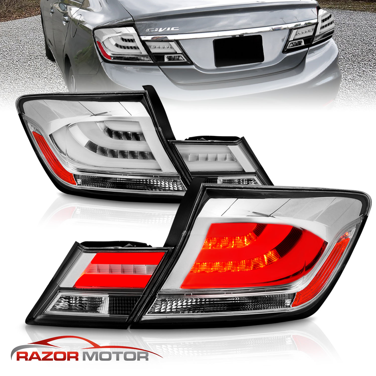 For 2013 2014 2015 Honda Civic 4DR 4Door Sedan Chrome/Clear LED Tail